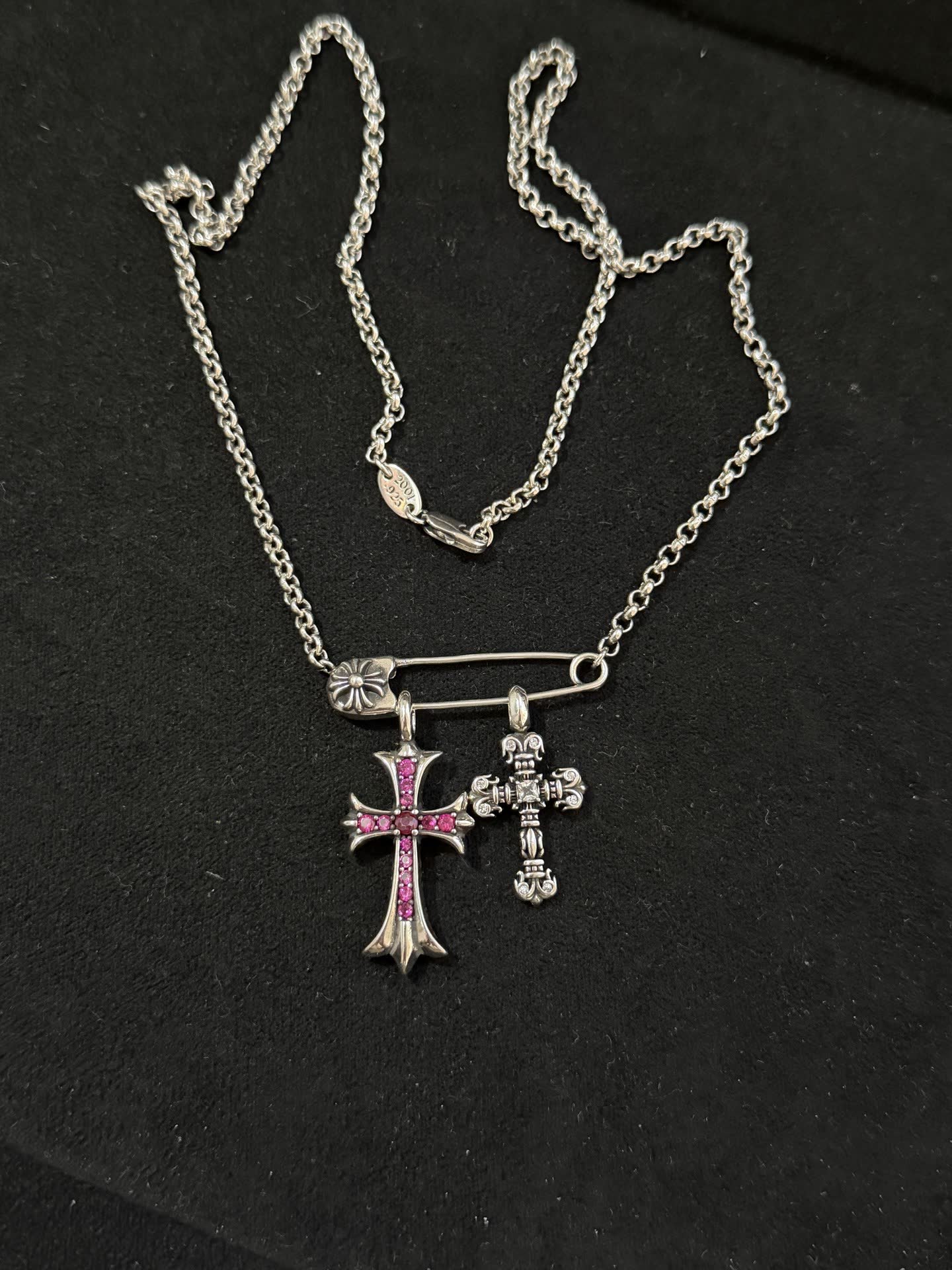 Chrome Hearts Silver Cross Pendant with Pink Stones